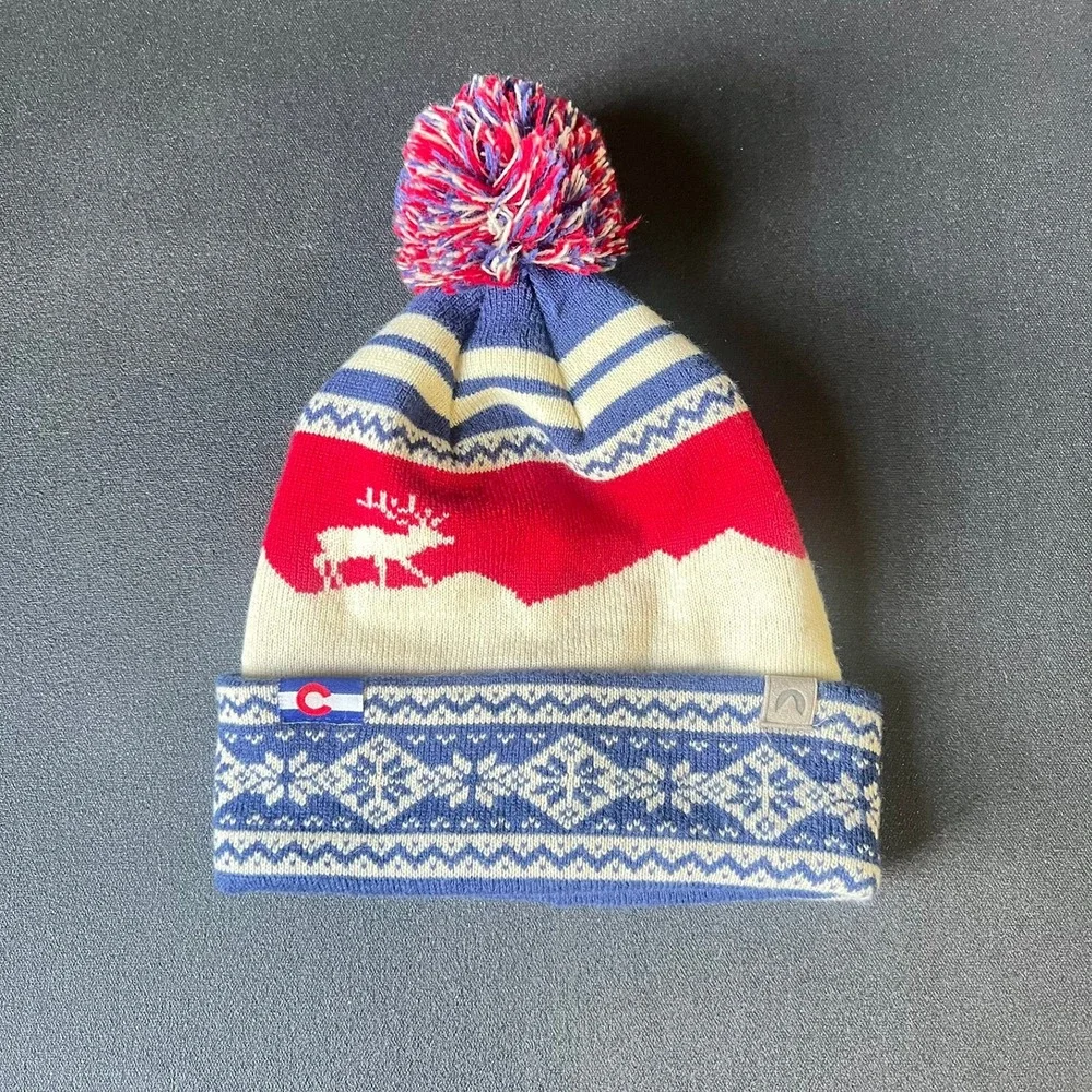 Cirque Mountain Colorado Flag Beanie Reindeer Fair Isle Pom Pom Knit Hat Nordic
